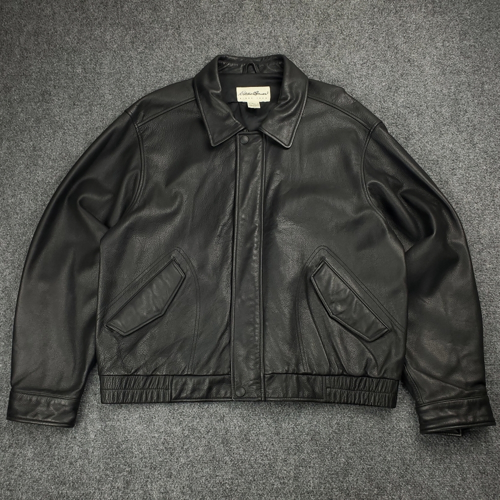 Vintage Y2K Eddie Bauer Leather Bomber Jacket Mens XL Flap Pockets Heavyweight